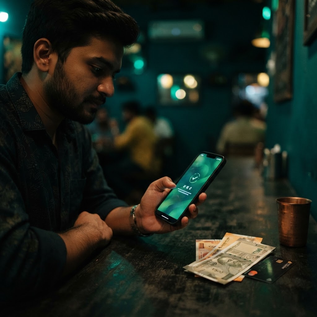 Indian player paying on a smartphone with UPI by cash and cards