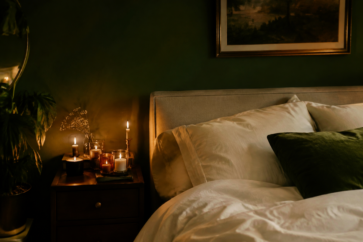 Candlelit Green Bedroom Ambiance