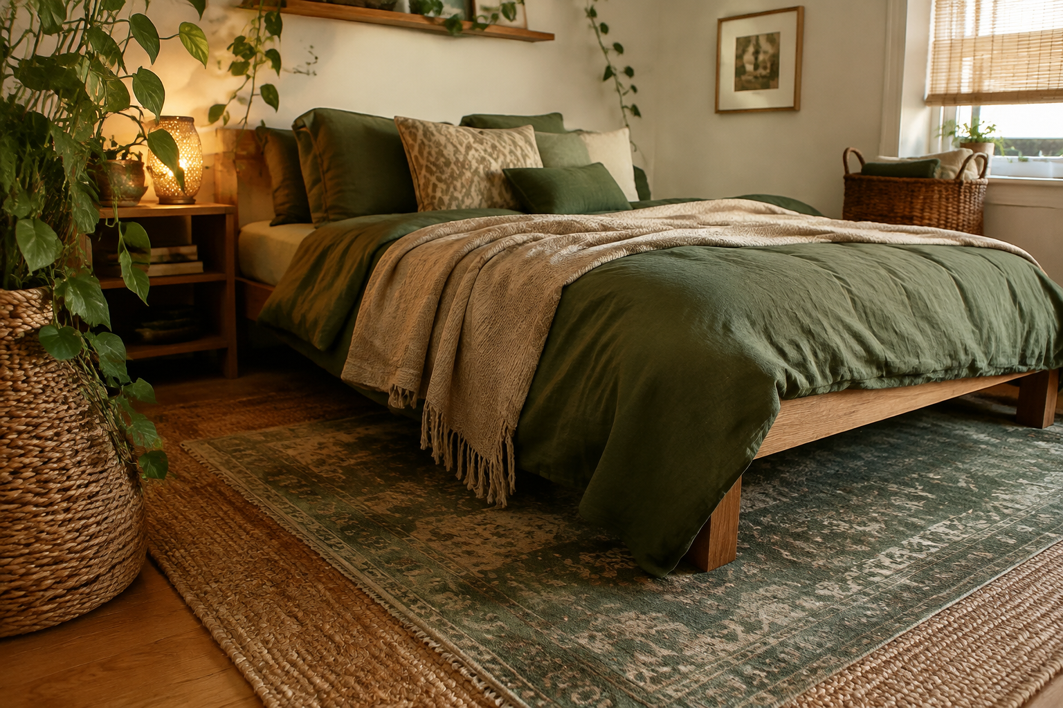 Layered Jute Rug with Green Textiles