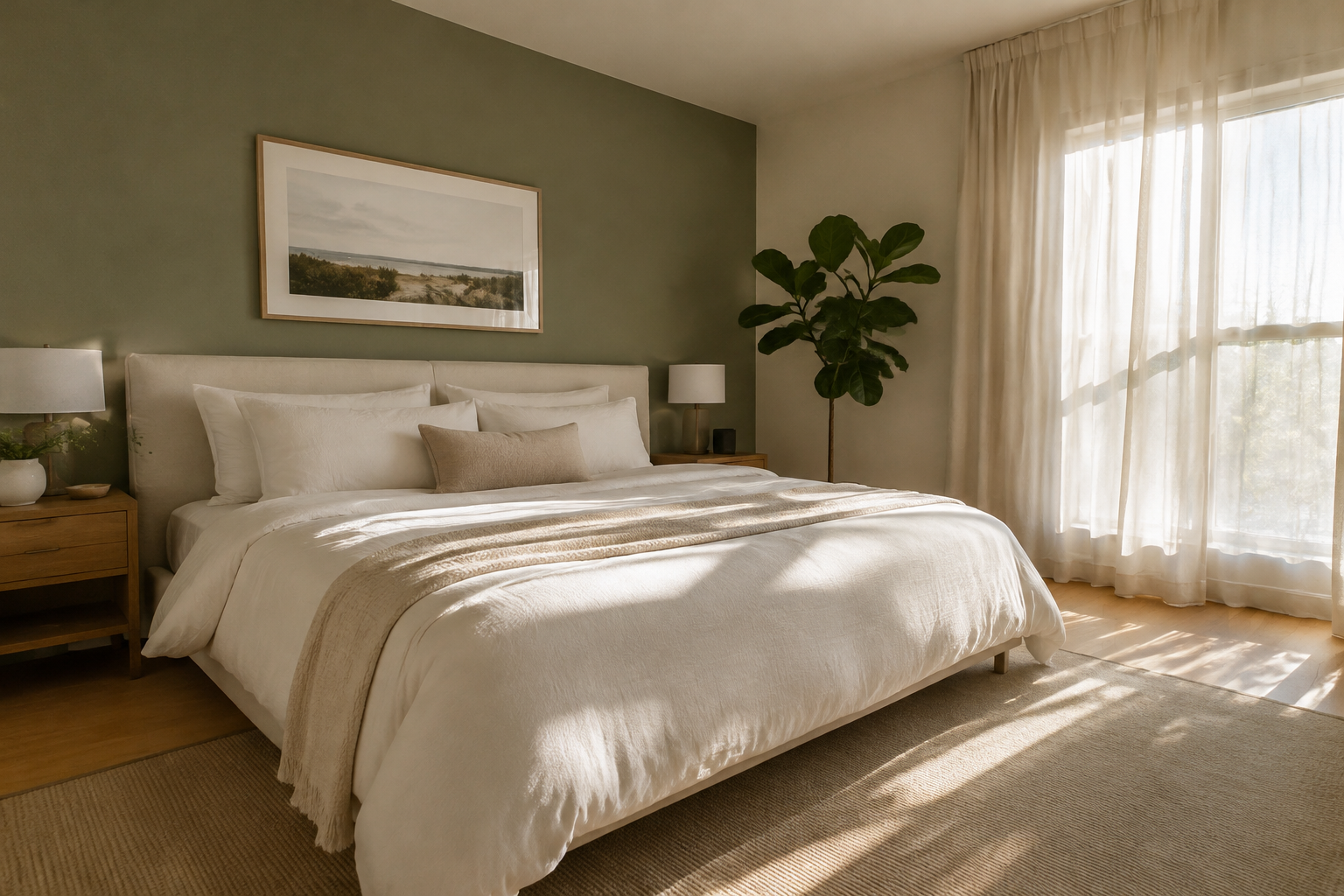 Sage Green Accent Wall with Crisp White Linens