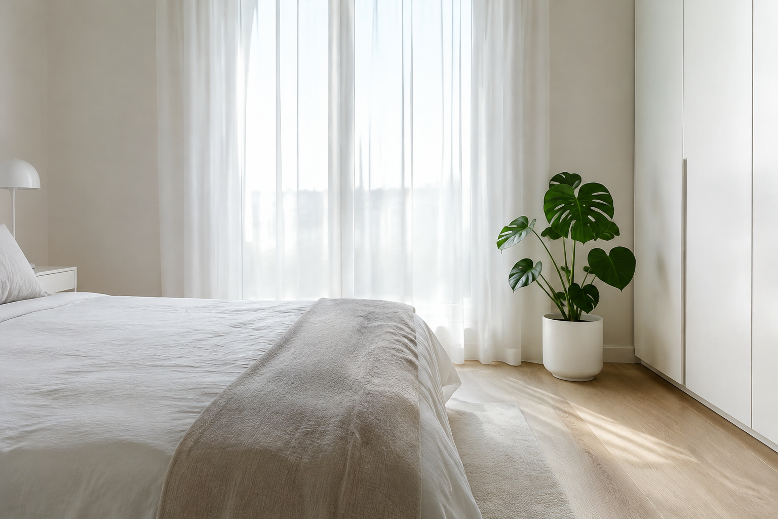 Minimalist White Bedroom with a Single Monstera