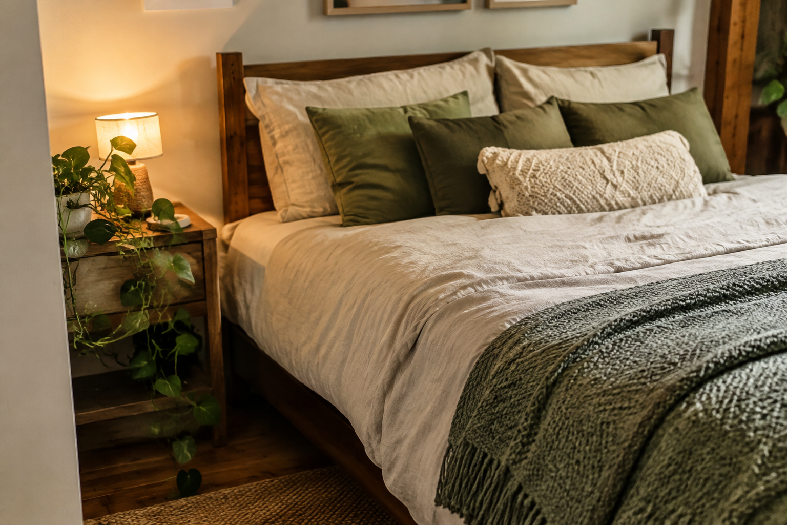 Boho Layered Bedding with Green Cushions