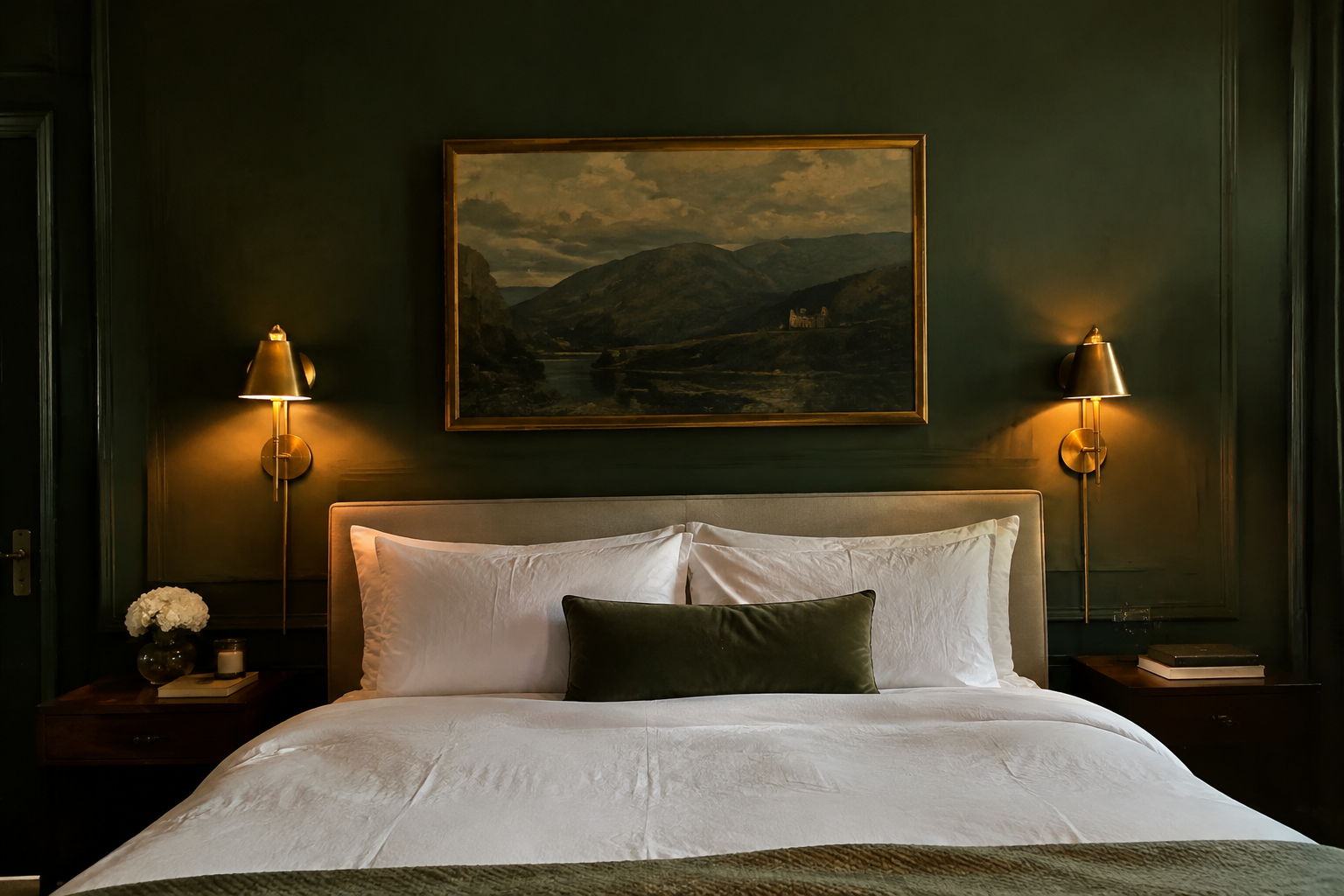 Moody Green with Brass Sconces