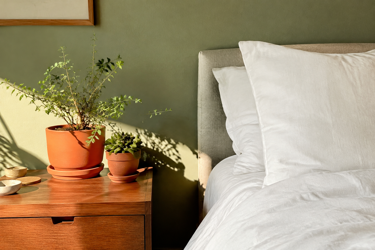Terracotta Pots on a Wooden Nightstand