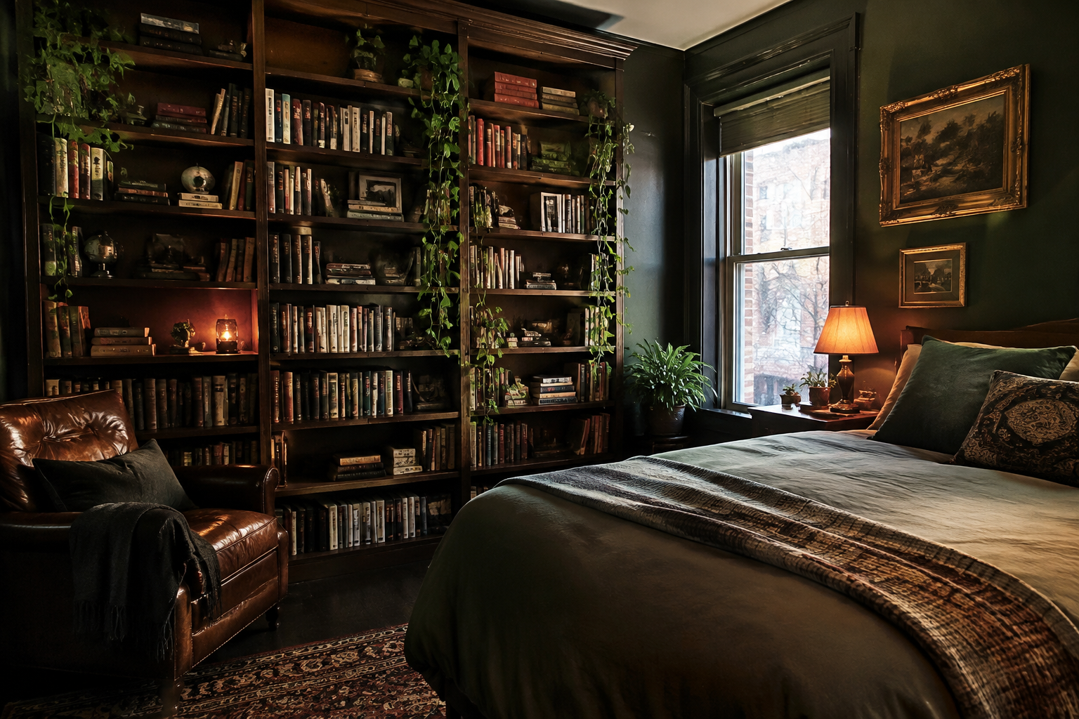 Dark Academia Bookshelf with Plants
