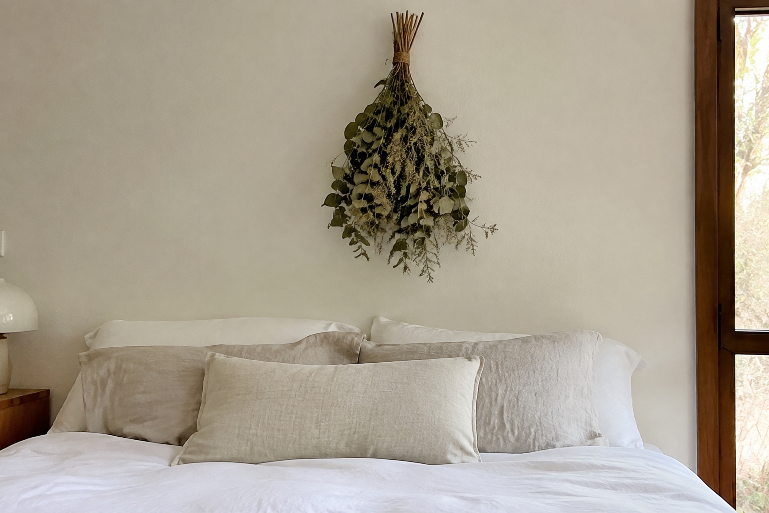 Dried Eucalyptus Bundle Over the Bed