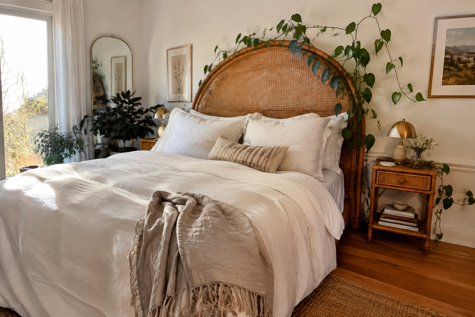 Rattan Headboard with Trailing Pothos
