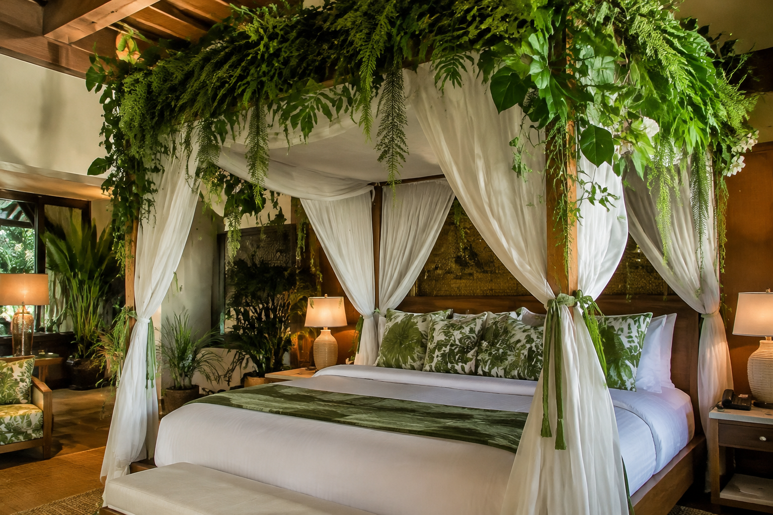 Tropical Canopy Bed Draped with Greenery