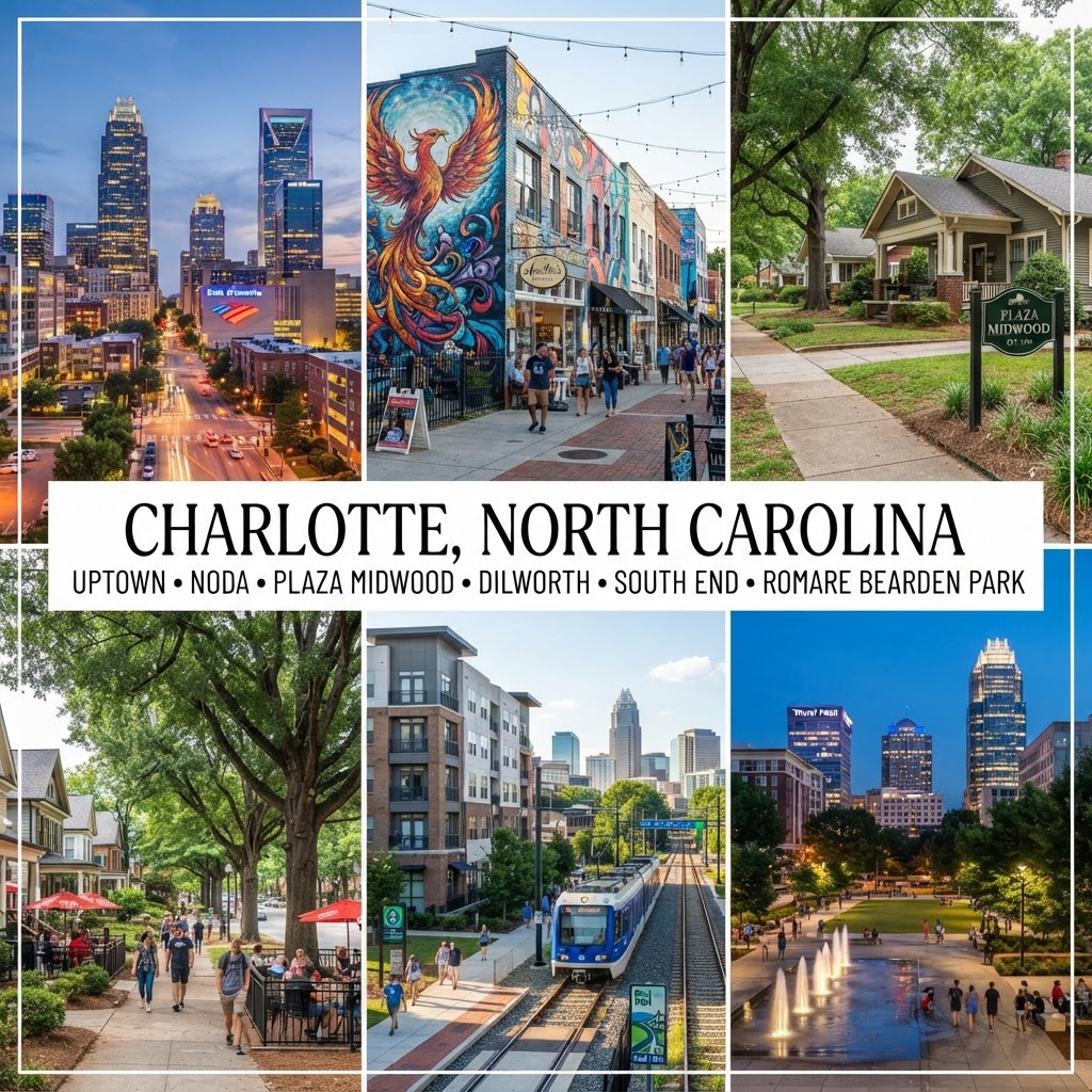 A collage of Charlotte, North Carolina neighborhoods — Uptown skyline, NoDa arts district, Plaza Midwood bungalows, Dilworth tree-lined streets, and South End light rail
