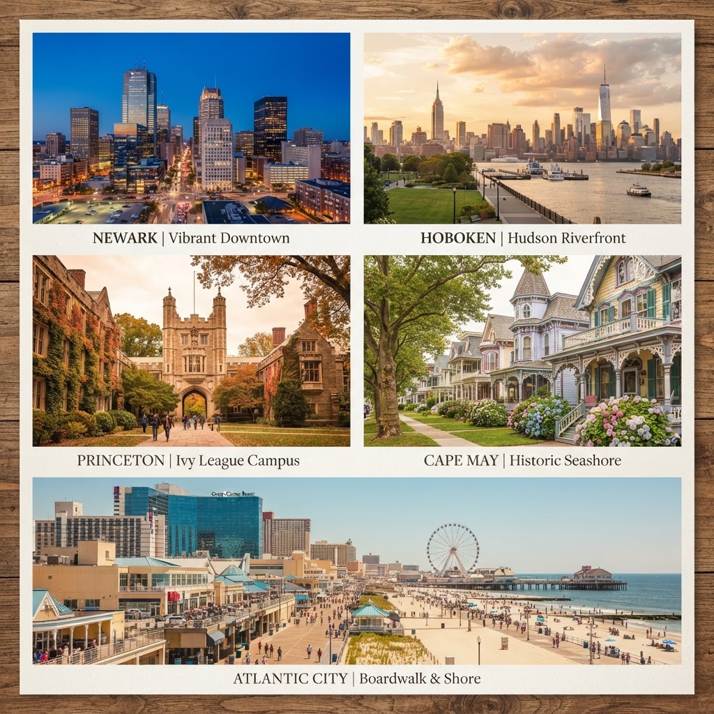 A collage of New Jersey cities and communities — Jersey City waterfront, Hoboken, Princeton University, Cape May Victorian homes, and Atlantic City boardwalk