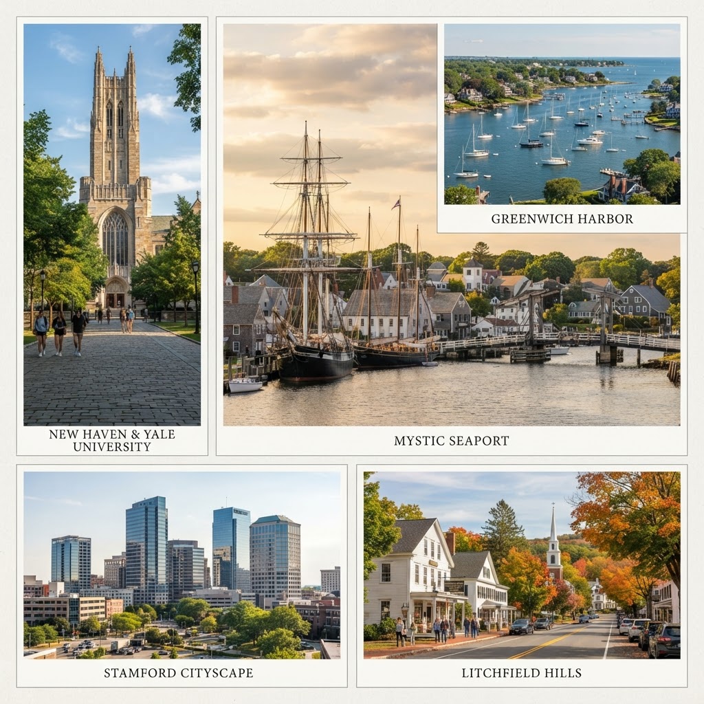 A collage of Connecticut cities and towns — New Haven and Yale architecture, Stamford downtown, Mystic Seaport waterfront, Greenwich harbor, and a Litchfield Hills main street