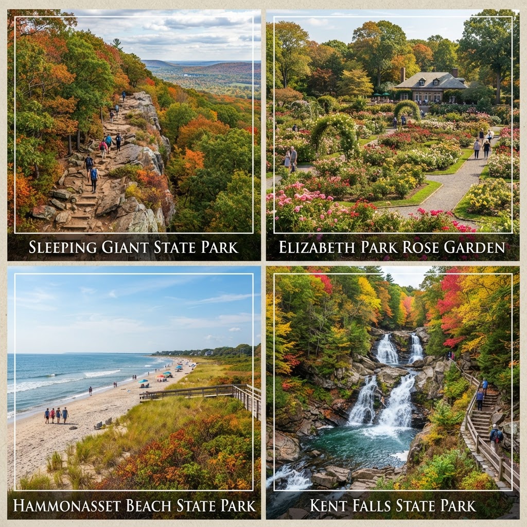Parks and outdoor spaces in Connecticut — Sleeping Giant, Hammonasset Beach, Kent Falls, and Elizabeth Park