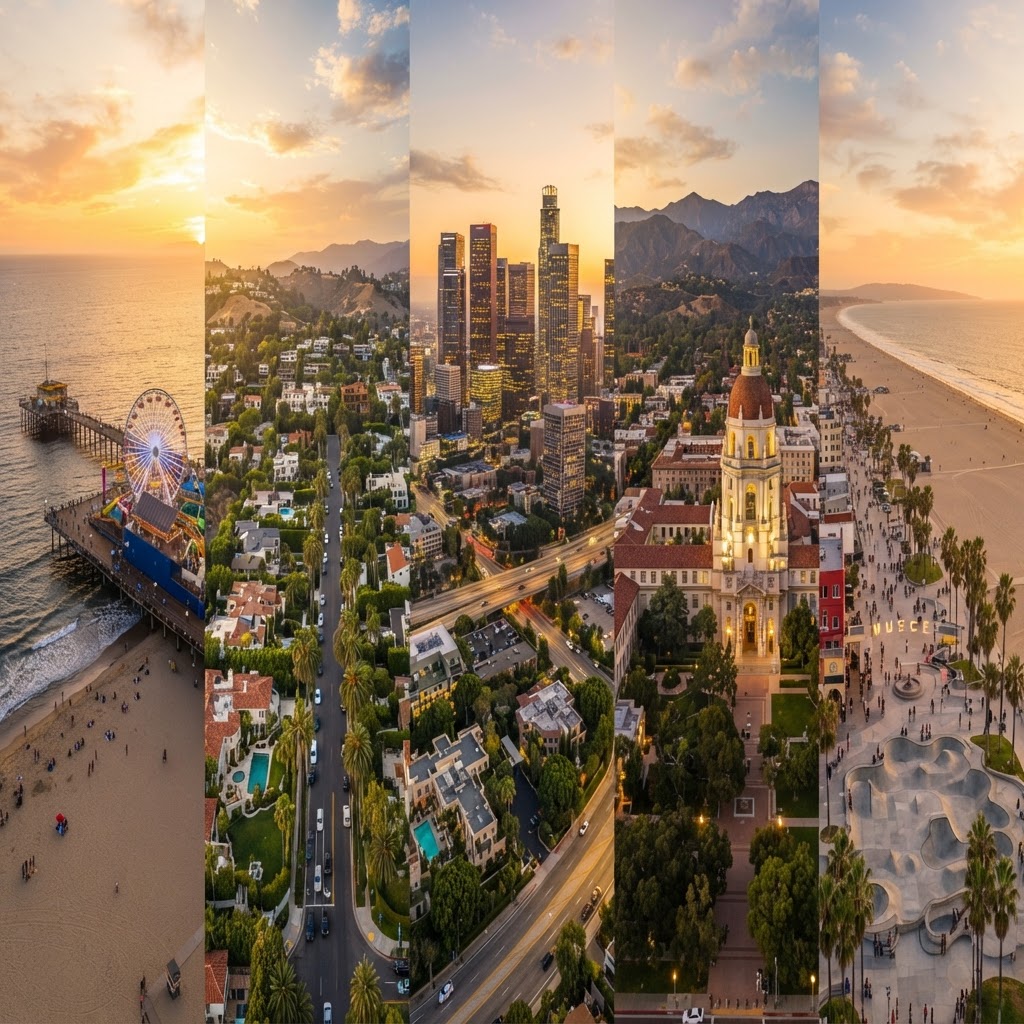 A collage of Los Angeles cities and neighborhoods — Santa Monica Pier, Beverly Hills Rodeo Drive, Downtown LA skyline, Pasadena City Hall, and a Venice Beach boardwalk