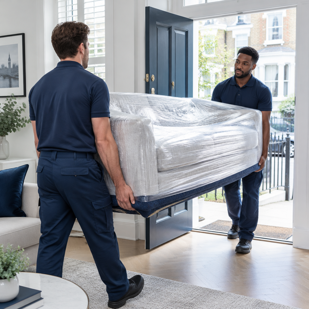 Professional movers carrying wrapped furniture into a home