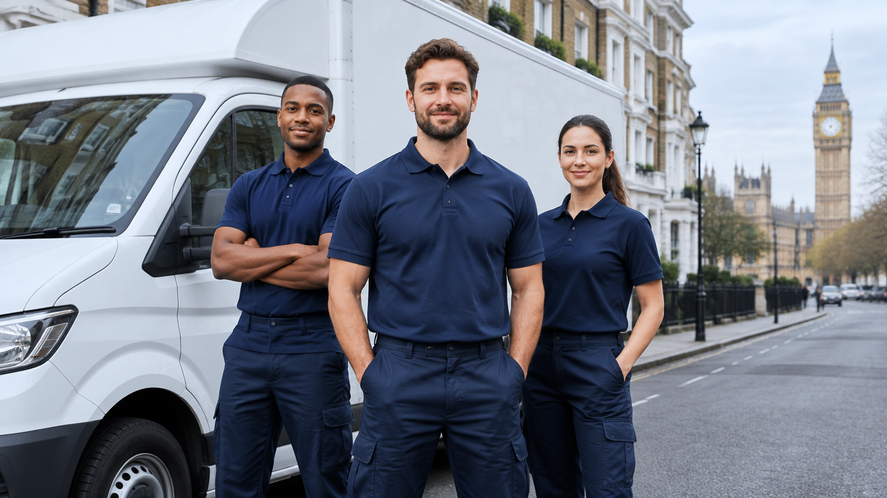 Professional SP Moving Solutions team beside removal van