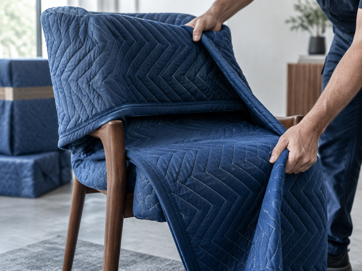 Furniture wrapped in protective moving blanket