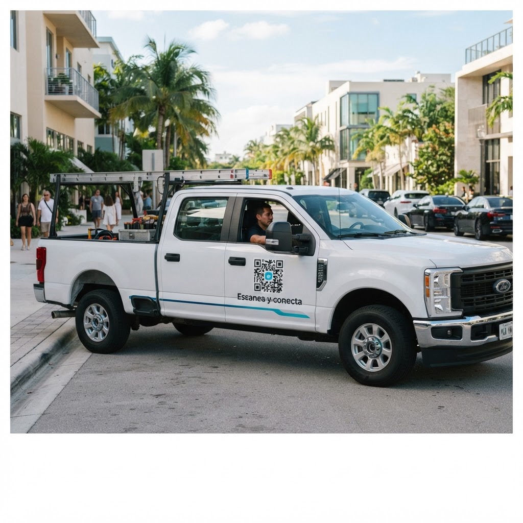 Mockup of a service truck with a QR code on the door