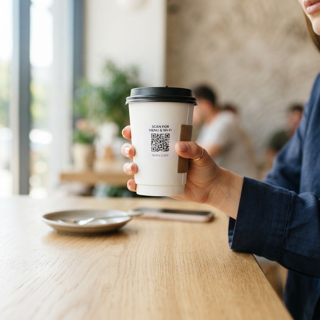 Código QR impreso en un vaso de café