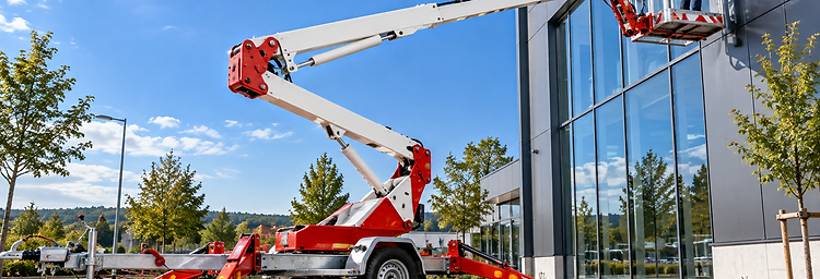 Anhänger-Arbeitsbühne mit Stützen vor einer Metallfassade