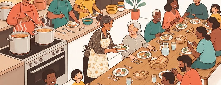 Voluntarios de un comedor comunitario sirviendo platos a los vecinos