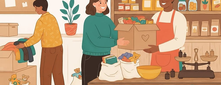 Vecinos organizando donaciones en cajas y bolsas