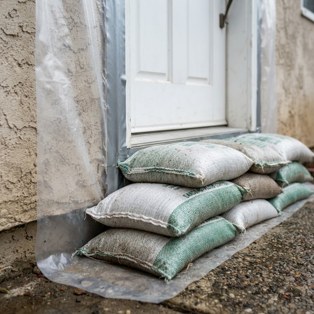 Close-up of a pre-filled woven polypropylene sandbag and layered 10-mil plastic sheeting