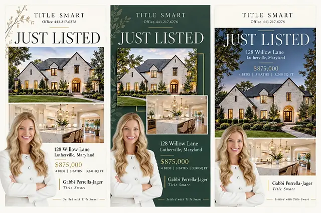 Warm ivory, heritage sage, and editorial Story design samples featuring Gabbi Perrella-Jager and Title Smart
