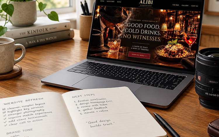 The Alibi Restaurant & Bar website shown on a laptop