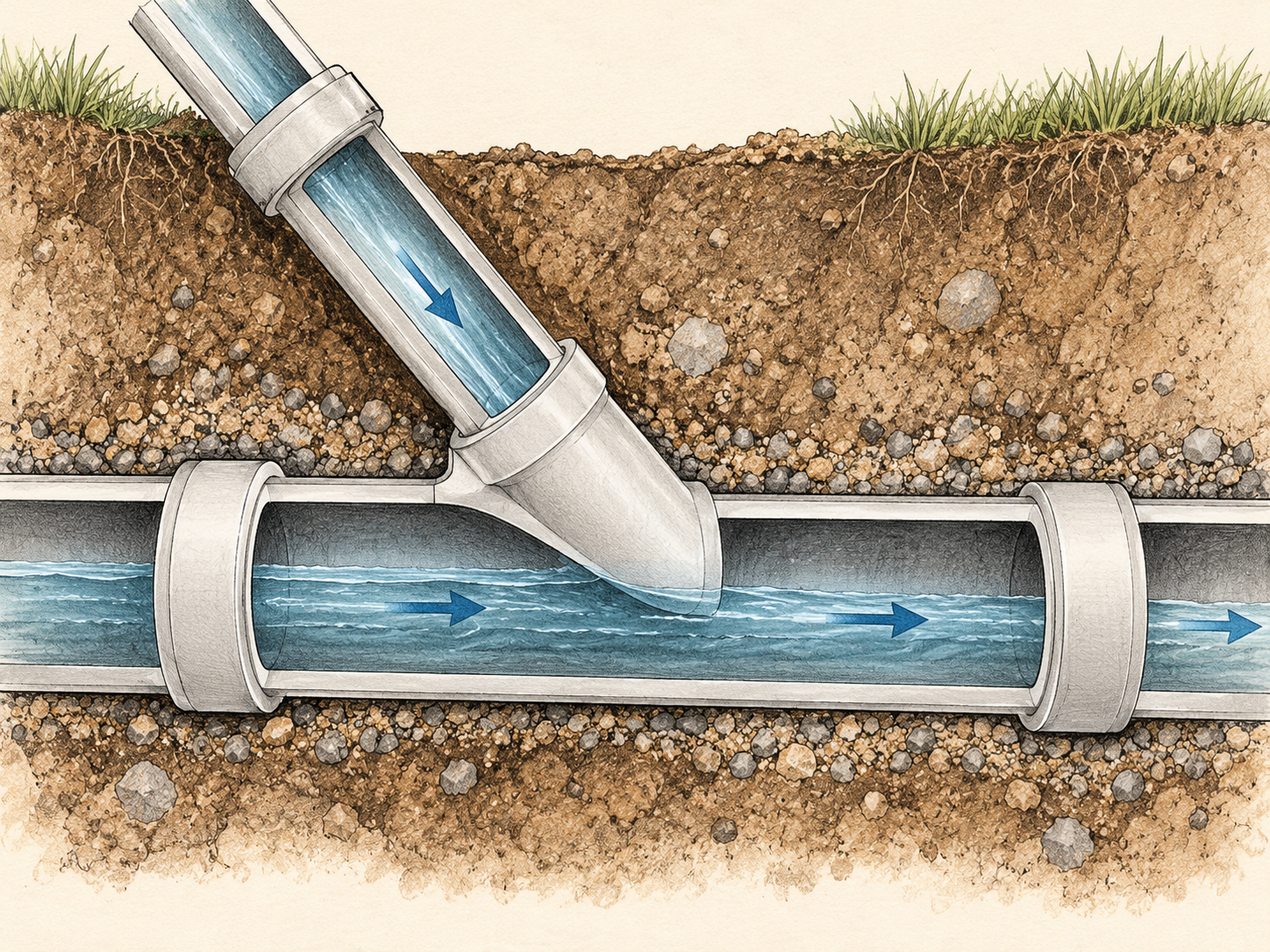 Hand-drawn cutaway showing flow through a residential drain line