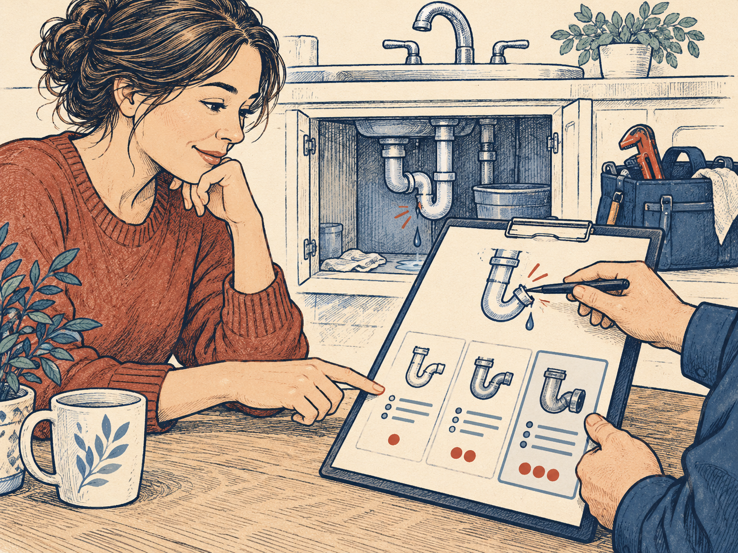 Hand-drawn water heater with supply pipes, shutoff valves, and connections