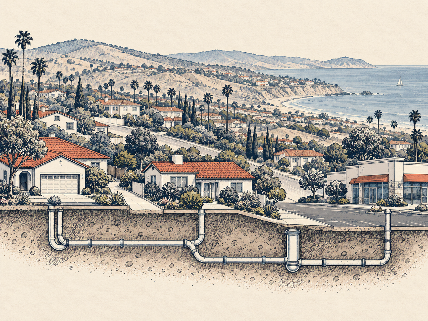 Hand-drawn cutaway of a water line, shutoff valve, and leak