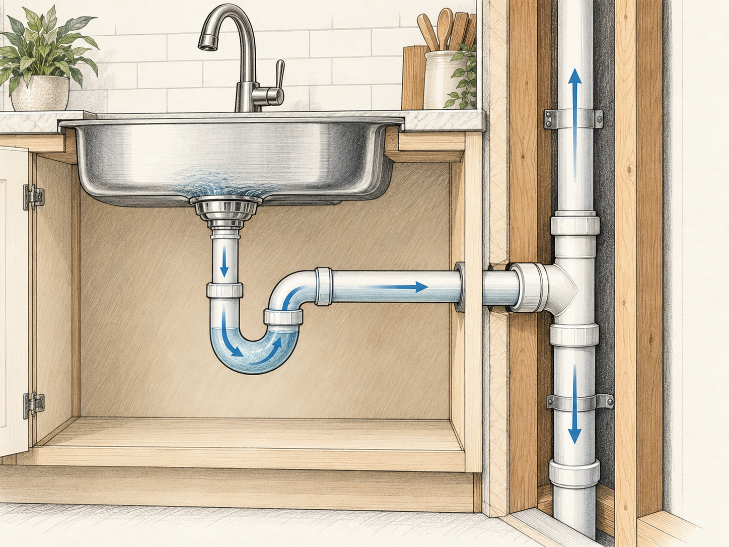 Hand-drawn kitchen sink drain pipe connecting into the wall