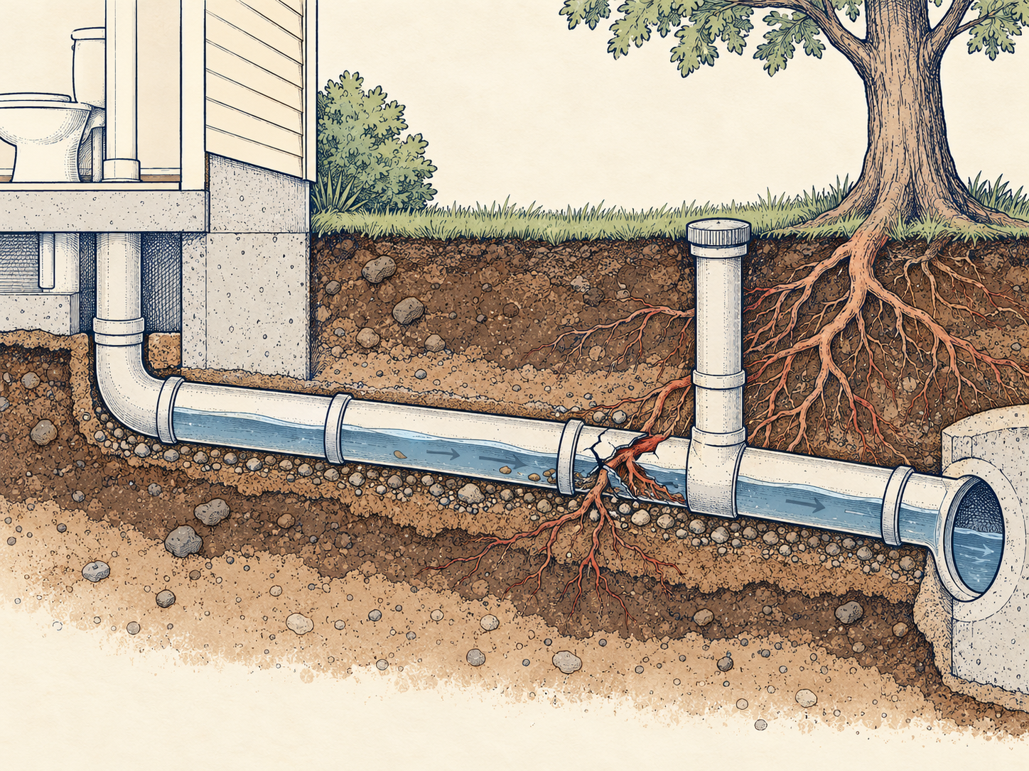 Hand-drawn underground sewer-pipe illustration for common drain and sewer questions