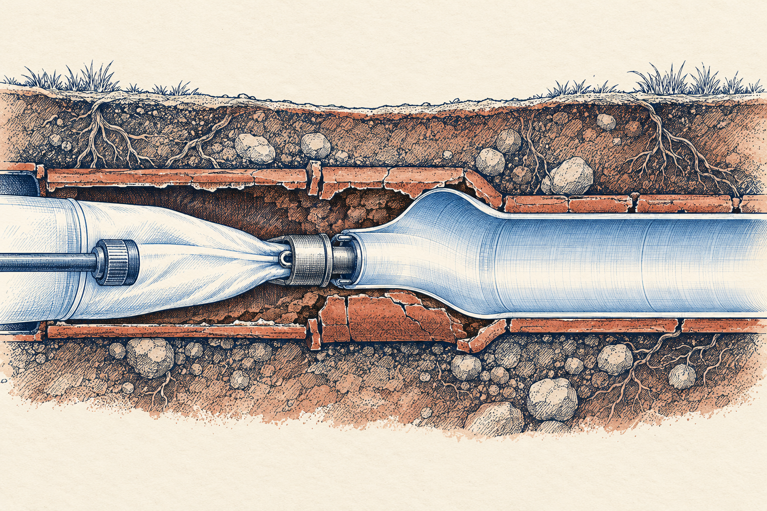 Hand-drawn sewer wye junction showing a branch pipe joining the main line