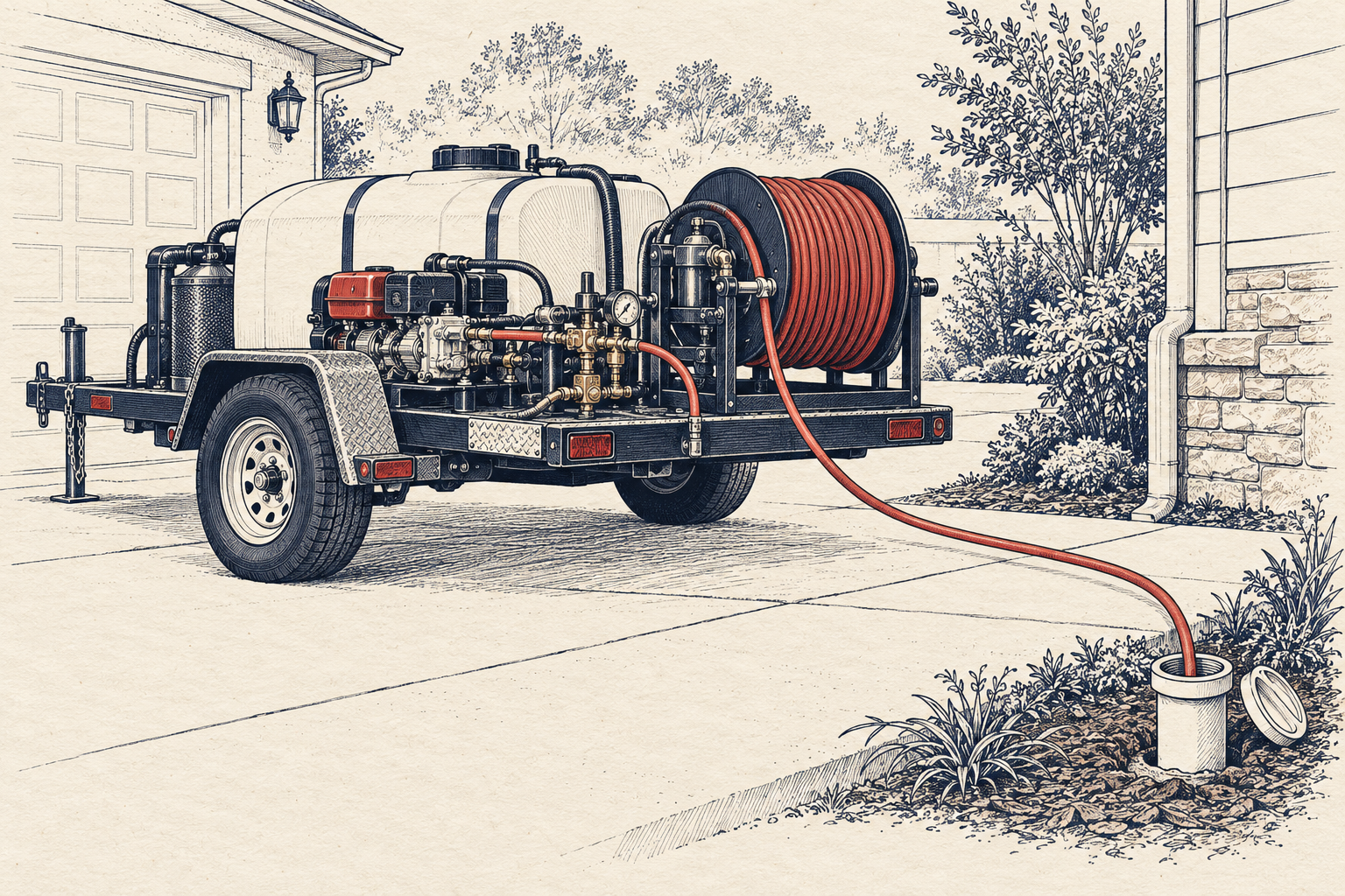 Hand-drawn illustration of a trailer-mounted hydro-jetter at a home driveway