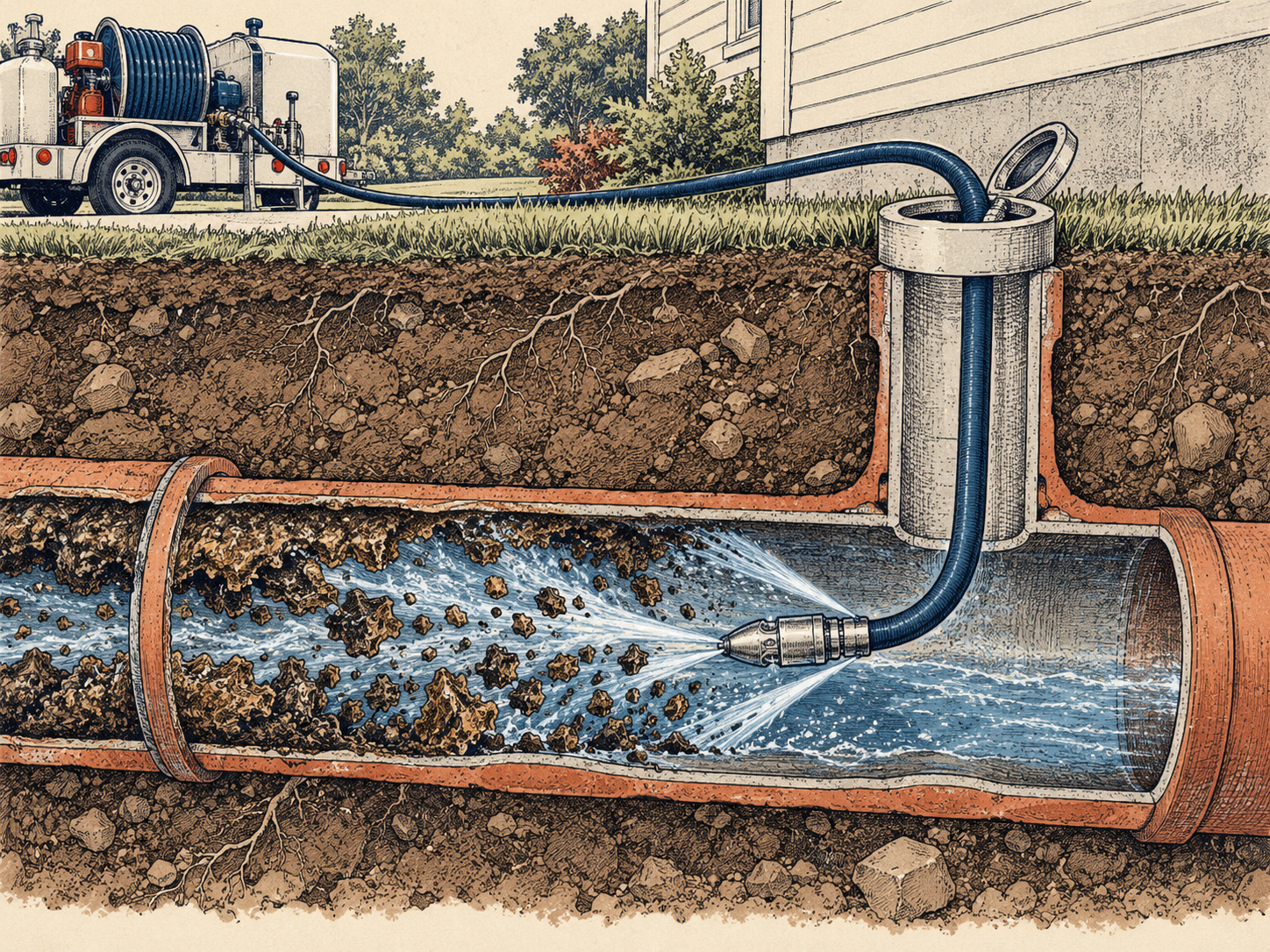 Hand-drawn illustration showing hydro-jetting equipment and a pressurized hose clearing a sewer line