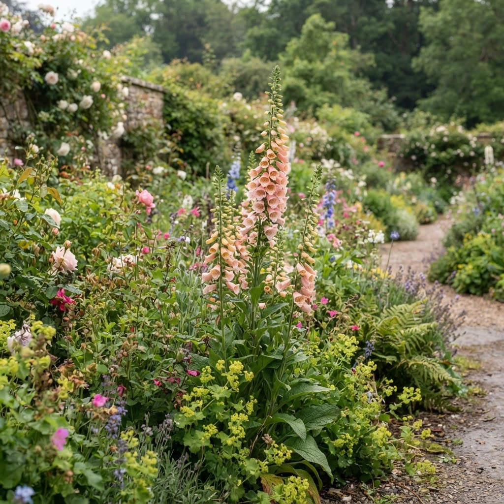 Soft apricot pink foxglove spires in a cottage garden border