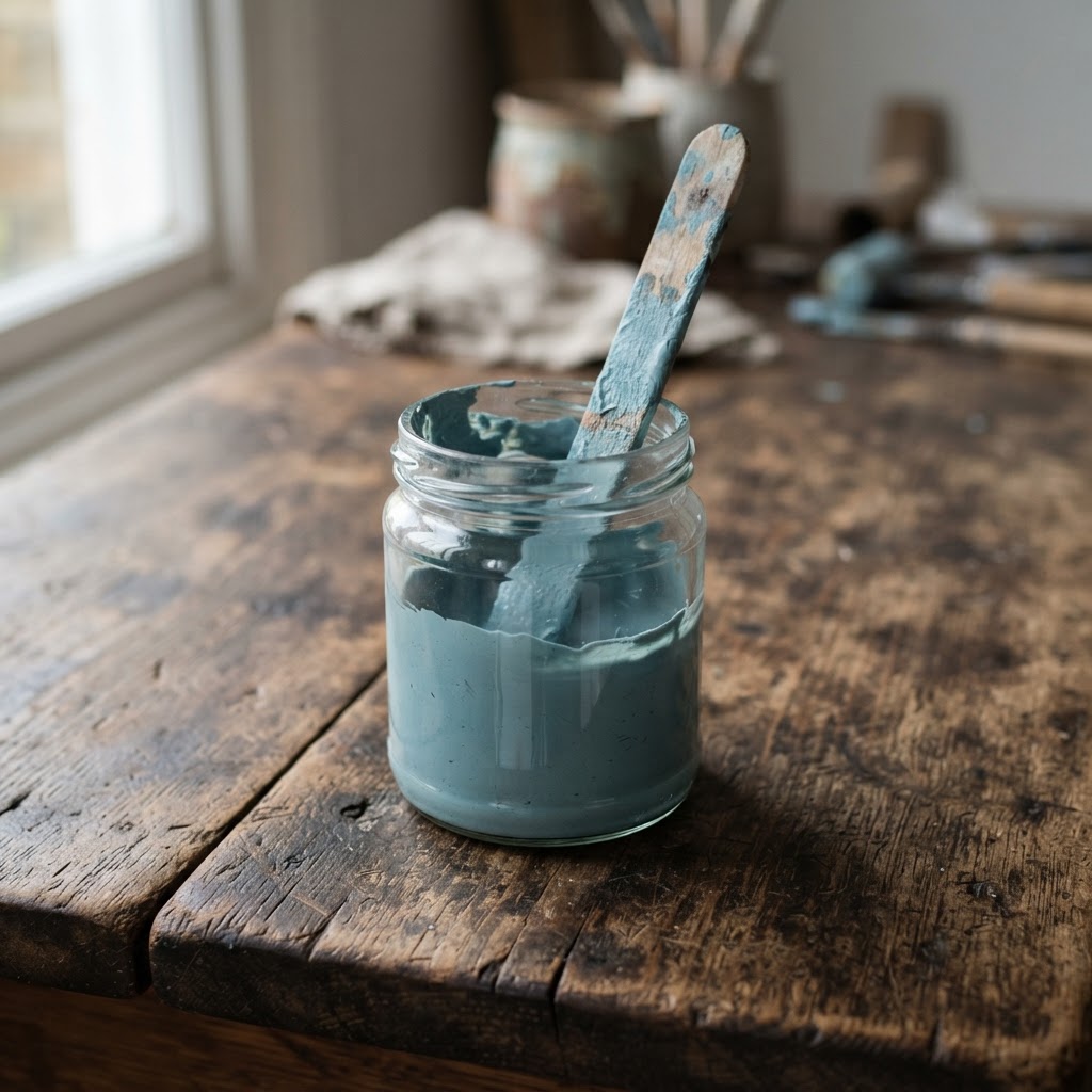 Glass jar of thick homemade duck-egg blue chalk paint with a wooden stir stick on a rustic table