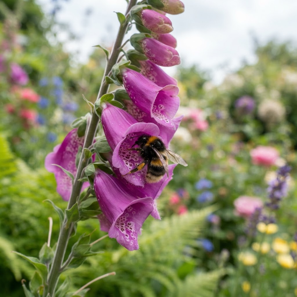 Bumblebee climbing into a purple foxglove bell in a summer garden