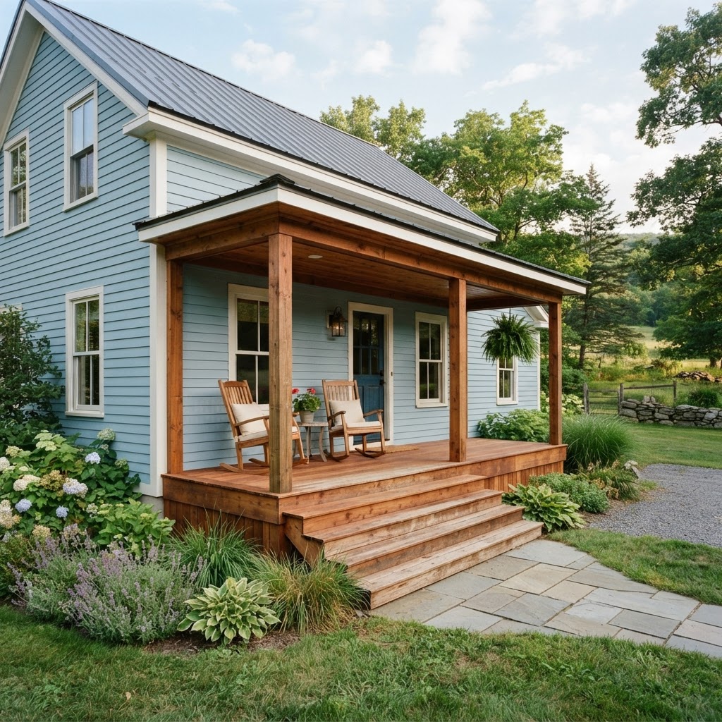 Light blue farmhouse with a stained cedar front porch, cedar posts, ceiling and steps, two rocking chairs and a hanging fern