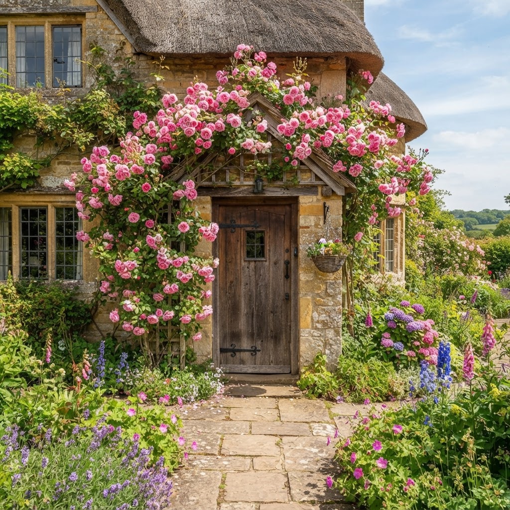 Fragrant pink climbing roses around a cottage front door in summer