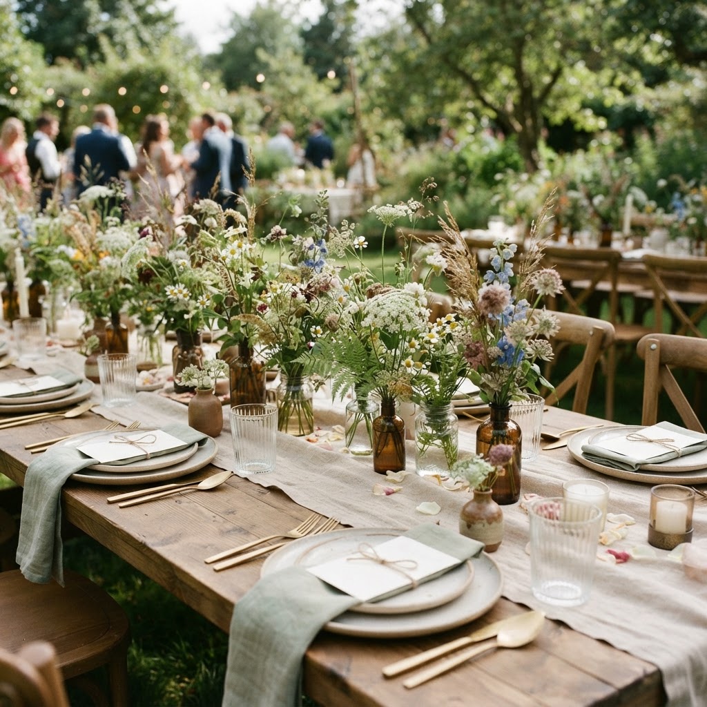 Wedding table decorated with small glass bottles of meadow flowers and grasses
