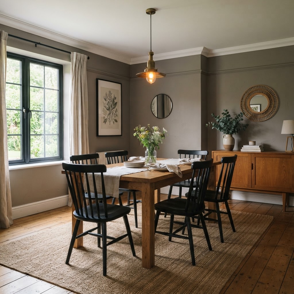 Dining room with mid-tone warm gray walls, a white ceiling, an oak dining table, black spindle chairs, an oak sideboard and a brass pendant light