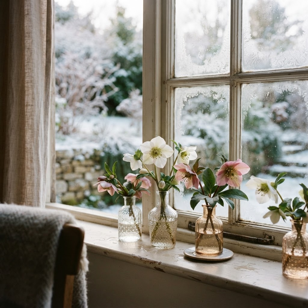 White and soft pink hellebores in small glass bud vases on a windowsill with frost outside