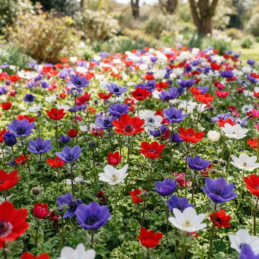 Single De Caen anemones in scarlet, violet and white with dark centres in a garden bed