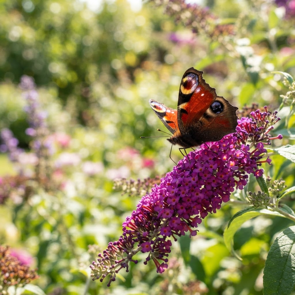 Peacock butterfly feeding on a purple butterfly bush flower spike in summer sunshine