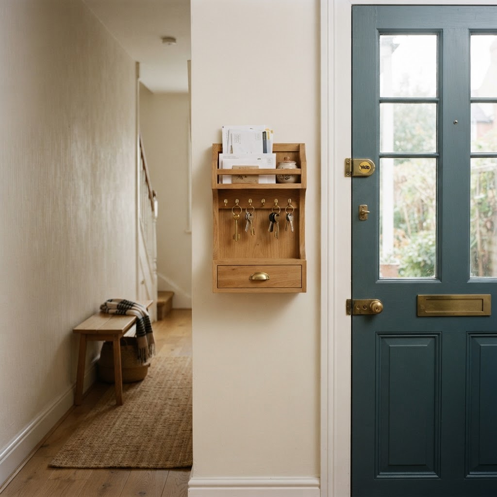 Wall-mounted wooden key holder with a letter rack beside a blue front door