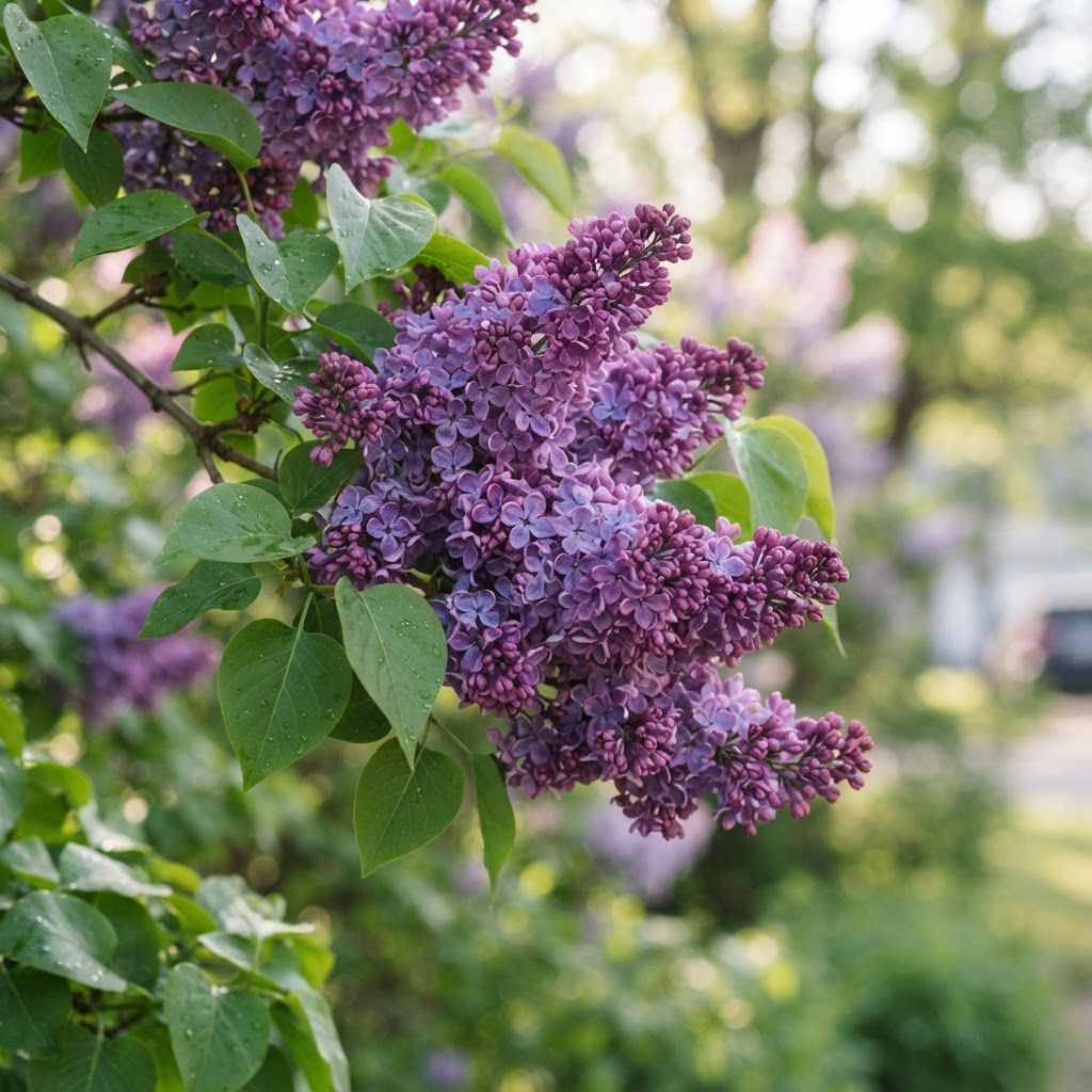 Close-up of fragrant purple lilac flower clusters with heart-shaped green leaves in soft morning light