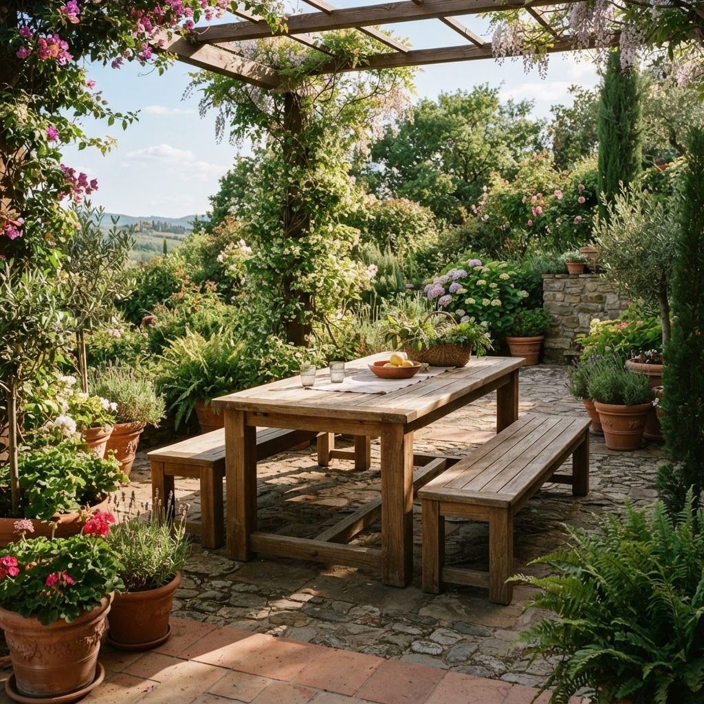 Solid hardwood outdoor dining table and benches on a garden terrace surrounded by plants