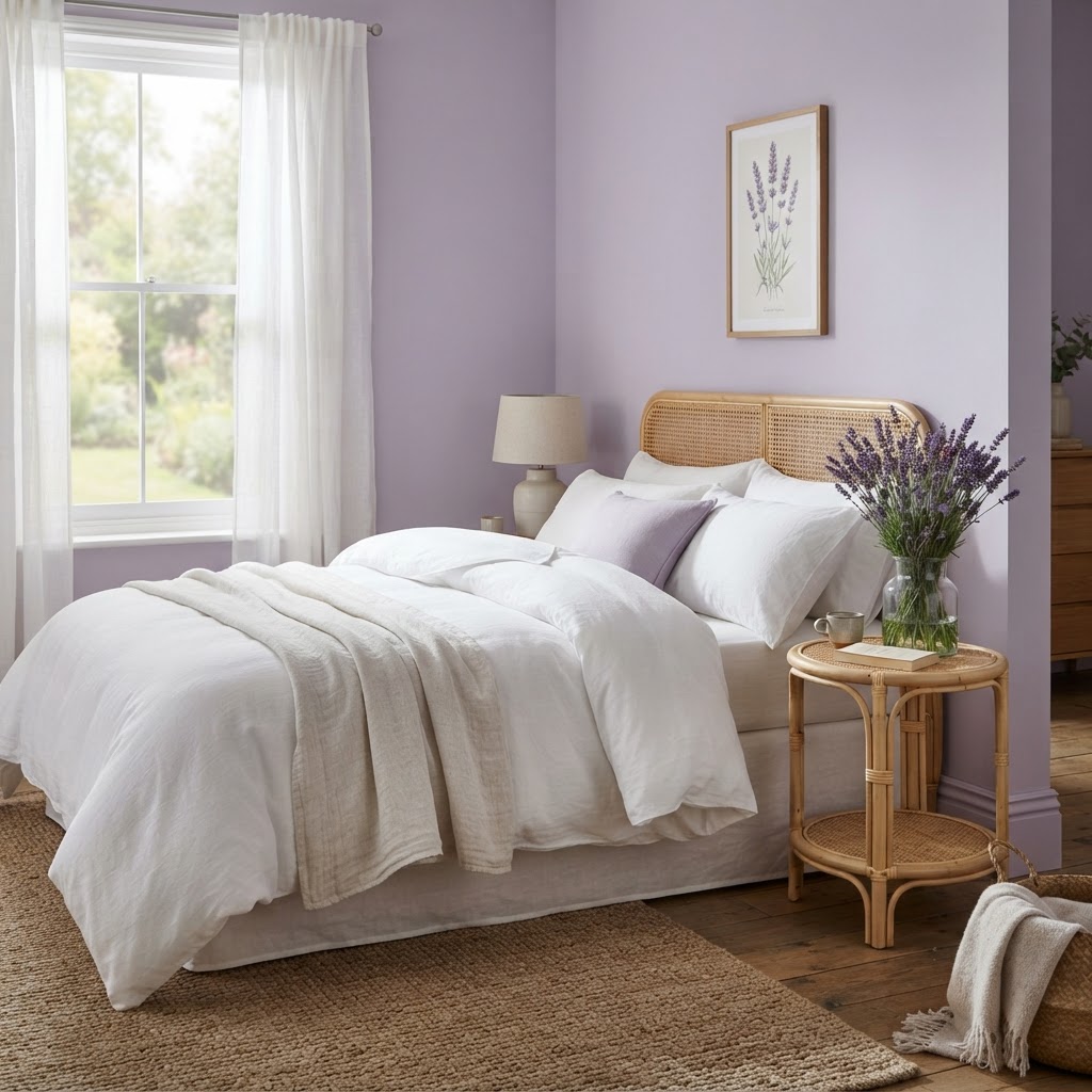Calm bedroom with soft lilac lavender walls, white bedding, a rattan bedside table and fresh lavender in a vase